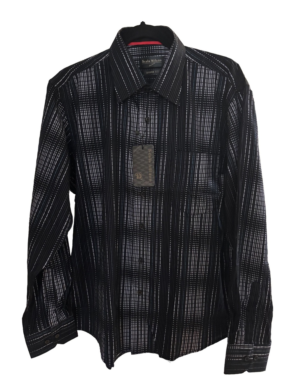 NWT Scala Milano Black, Blue & Gray Striped Dress Shirt Size Large Urban Fit